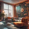 Imagine a modern and technology-inspired living room with a unique twist. The centerpiece of the room is a striking circuit board interior wallpaper that covers one wall. The wallpaper features intricate circuit board diagrams, electronic symbols, and vibrant metallic tones, Vintage Illustration, Retro-Futurism, Sci-Fi by Stanley Artgerm Lau