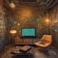 Imagine a modern and technology-inspired living room with a unique twist. The centerpiece of the room is a striking circuit board interior wallpaper that covers one wall. The wallpaper features intricate circuit board diagrams, electronic symbols, and vibrant metallic tones, Vintage Illustration, Retro-Futurism, Sci-Fi by Greg Rutkowski