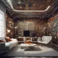 Imagine a modern and technology-inspired living room with a unique twist. The centerpiece of the room is a striking circuit board interior wallpaper that covers one wall. The wallpaper features intricate circuit board diagrams, electronic symbols, and vibrant metallic tones, Vintage Illustration, Retro-Futurism, Sci-Fi by Stefan Kostic