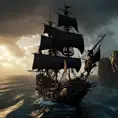 The pirates of Caribbean on the Black pearl pirate ship, 4k, Volumetric Lighting, Dark