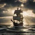 Pirate viking ship sailing north east in rough seas, Wide Angle, Crepuscular Rays