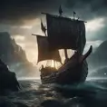 A Viking pirate ship in an epic fantasy scene , Atmospheric, Highly Detailed, Cinematic Lighting, Sharp Focus, Dark