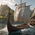 Valhalla viking ship, entering a viking village from the water, 4k, Ultra Detailed, Photo Realistic, Ray Tracing