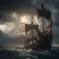 A Viking pirate ship in an epic fantasy scene , Atmospheric, Highly Detailed, Cinematic Lighting, Sharp Focus, Dark