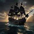 The pirates of Caribbean on the Black pearl pirate ship, 4k, Volumetric Lighting, Dark