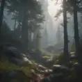 Beautiful misty swedish forest from the view of a mountain, Atmospheric, Highly Detailed, Intricate, Trending on Artstation, Stunning, Realistic, Unreal Engine, Dynamic Lighting, Radiant, Fantasy by Stanley Artgerm Lau