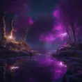 A magical pond in a fantasy forest with glowing purple trees at night, 4k, HQ, Intricate, Masterpiece, Artstation, Cinematic Lighting, Photo Realistic, Sharp Focus, Unreal Engine, Dark by Stefan Kostic