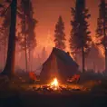 A highly detailed matte painting of a camp fire in the forest at night in the style of Firewatch, 4k resolution, Masterpiece, Trending on Artstation, Cyberpunk, Octane Render, Volumetric Lighting by Greg Rutkowski