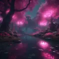 A magical pond in a fantasy forest with glowing pink trees at night, 4k, HQ, Intricate, Masterpiece, Artstation, Cinematic Lighting, Photo Realistic, Sharp Focus, Unreal Engine, Dark by Stefan Kostic