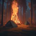 A highly detailed matte painting of a camp fire in the forest at night in the style of Firewatch, 4k resolution, Masterpiece, Trending on Artstation, Cyberpunk, Octane Render, Volumetric Lighting by Stanley Artgerm Lau