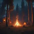 A highly detailed matte painting of a camp fire in the forest at night in the style of Firewatch, 4k resolution, Masterpiece, Trending on Artstation, Cyberpunk, Octane Render, Volumetric Lighting by Stefan Kostic