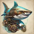 Steampunk portrait of a Shark, clean vector, colorful illustration, inspired by future technology, Highly Detailed, Vintage Illustration, Steampunk, Smooth, Vector Art, Colorful by Stanley Artgerm Lau