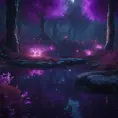 A magical pond in a fantasy forest with glowing purple trees at night, 4k, HQ, Intricate, Masterpiece, Artstation, Cinematic Lighting, Photo Realistic, Sharp Focus, Unreal Engine, Dark by Stefan Kostic