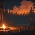 A highly detailed matte painting of a camp fire in the forest at night in the style of Firewatch, 4k resolution, Masterpiece, Trending on Artstation, Cyberpunk, Octane Render, Volumetric Lighting by Studio Ghibli