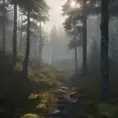 Beautiful misty swedish forest from the view of a mountain, Atmospheric, Highly Detailed, Intricate, Trending on Artstation, Stunning, Realistic, Unreal Engine, Dynamic Lighting, Radiant, Fantasy by Greg Rutkowski