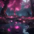 A magical pond in a fantasy forest with glowing pink trees at night, 4k, HQ, Intricate, Masterpiece, Artstation, Cinematic Lighting, Photo Realistic, Sharp Focus, Unreal Engine, Dark by Stefan Kostic