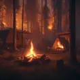 A highly detailed matte painting of a camp fire in the forest at night in the style of Firewatch, 4k resolution, Masterpiece, Trending on Artstation, Cyberpunk, Octane Render, Volumetric Lighting by Greg Rutkowski