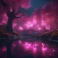 A magical pond in a fantasy forest with glowing pink trees at night, 4k, HQ, Intricate, Masterpiece, Artstation, Cinematic Lighting, Photo Realistic, Sharp Focus, Unreal Engine, Dark by Stefan Kostic