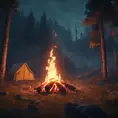 A highly detailed matte painting of a camp fire in the forest at night in the style of Firewatch, 4k resolution, Masterpiece, Trending on Artstation, Cyberpunk, Octane Render, Volumetric Lighting by Stefan Kostic