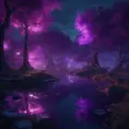 A magical pond in a fantasy forest with glowing purple trees at night, 4k, HQ, Intricate, Masterpiece, Artstation, Cinematic Lighting, Photo Realistic, Sharp Focus, Unreal Engine, Dark by Stefan Kostic