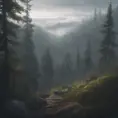 Beautiful misty swedish forest from the view of a mountain, Atmospheric, Highly Detailed, Intricate, Trending on Artstation, Stunning, Realistic, Unreal Engine, Dynamic Lighting, Radiant, Fantasy by Stanley Artgerm Lau