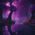 A magical pond in a fantasy forest with glowing purple trees at night, 4k, HQ, Intricate, Masterpiece, Artstation, Cinematic Lighting, Photo Realistic, Sharp Focus, Unreal Engine, Dark by Stefan Kostic