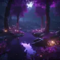 A magical pond in a fantasy forest with glowing purple trees at night, 4k, HQ, Intricate, Masterpiece, Artstation, Cinematic Lighting, Photo Realistic, Sharp Focus, Unreal Engine, Dark by Stefan Kostic