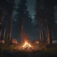 A highly detailed matte painting of a camp fire in the forest at night, 4k resolution, Masterpiece, Trending on Artstation, Cyberpunk, Octane Render, Volumetric Lighting by Studio Ghibli