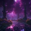 A magical pond in a fantasy forest with glowing purple trees at night, 4k, HQ, Intricate, Masterpiece, Artstation, Cinematic Lighting, Photo Realistic, Sharp Focus, Unreal Engine, Dark by Stefan Kostic