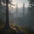 Beautiful misty swedish forest from the view of a mountain, Atmospheric, Highly Detailed, Intricate, Trending on Artstation, Stunning, Realistic, Unreal Engine, Dynamic Lighting, Radiant, Fantasy by Greg Rutkowski