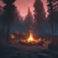 A highly detailed matte painting of a camp fire in the forest at night in the style of Firewatch, 4k resolution, Masterpiece, Trending on Artstation, Cyberpunk, Octane Render, Volumetric Lighting by Greg Rutkowski