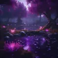 A magical pond in a fantasy forest with glowing purple trees at night, 4k, HQ, Intricate, Masterpiece, Artstation, Cinematic Lighting, Photo Realistic, Sharp Focus, Unreal Engine, Dark by Stefan Kostic