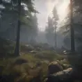 Beautiful misty swedish forest from the view of a mountain, Atmospheric, Highly Detailed, Intricate, Trending on Artstation, Stunning, Realistic, Unreal Engine, Dynamic Lighting, Radiant, Fantasy