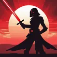 Portrait of a silhouette star wars fighter with her red lightsaber in front of a red sunset, Ambient Lighting, Fantasy, Dark