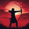 Silhouette of an archer assassin in front of a red sunset, Ambient Lighting, Fantasy, Dark