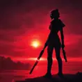 Portrait of a silhouette star wars fighter with her red lightsaber in front of a red sunset, Ambient Lighting, Fantasy, Dark