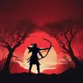 Silhouette of an archer assassin in front of a red sunset, Ambient Lighting, Fantasy, Dark