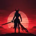 Silhouette of a warrior with her swords drawn in front of a red sunset, Ambient Lighting, Fantasy, Dark