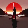 Portrait of a silhouette star wars fighter with her red lightsaber in front of a red sunset, Ambient Lighting, Fantasy, Dark