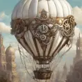 White steampunk hot air balloon with gears, Victorian style Ancient buildings, archeological ruins of lost civilizations and technology, Steampunk, Iridescence by Stanley Artgerm Lau