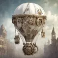 White steampunk hot air balloon with gears, Victorian style Ancient buildings, archeological ruins of lost civilizations and technology, Steampunk, Iridescence by Stefan Kostic