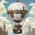 White steampunk hot air balloon with gears, Victorian style Ancient buildings, archeological ruins of lost civilizations and technology, Steampunk, Iridescence by Studio Ghibli