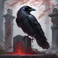 Raven sitting on an old decayed gravestone, red eyes, glowing feathers, 8k, Intricate Details by Stanley Artgerm Lau