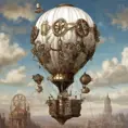 White steampunk hot air balloon with gears, Victorian style Ancient buildings, archeological ruins of lost civilizations and technology, Steampunk, Iridescence by Greg Rutkowski