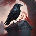 Raven sitting on an old decayed gravestone, red eyes, glowing feathers, 8k, Intricate Details by Stanley Artgerm Lau