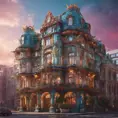 Art nuveau exterior fantasy colorful building office space futuristic rococco baroques victorian, 8k, Highly Detailed, Masterpiece, Vintage Illustration, Cinematic Lighting, Photo Realistic, Sharp Focus, Smooth, Octane Render, Digital Art by Stanley Artgerm Lau