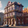 Art nuveau exterior fantasy colorful building office space futuristic rococco baroques victorian, 8k, Highly Detailed, Masterpiece, Vintage Illustration, Cinematic Lighting, Photo Realistic, Sharp Focus, Smooth, Octane Render, Digital Art by Greg Rutkowski