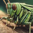 close up grasshopper, 4k, Highly Detailed, Hyper Detailed, Powerful, Artstation, Vintage Illustration, Digital Painting, Sharp Focus, Smooth, Concept Art by Studio Ghibli