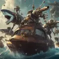 Six robots on a boat with harpoons, battling sharks with lasers strapped to their heads, 4k, Steampunk