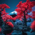 volcano japanese garden and trees, red and blue, captured using infrared photography, 8k, Sharp Focus, Smooth, Landscape by Stefan Kostic